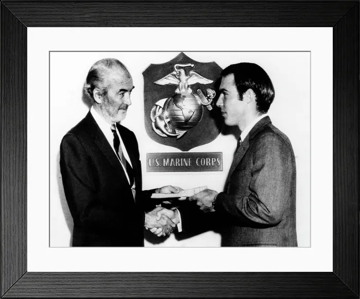 Framed Print : Brigadier General Jimmy Stewart, shaking hands with his stepson Ronald Stewart after he was sworn into the Marine Corps on October 13, 1967 Framed Print : Brigadier General Jimmy Stewart, shaking hands with his stepson Ronald Stewart after he was sworn into the Marine Corps on October 13, 1967