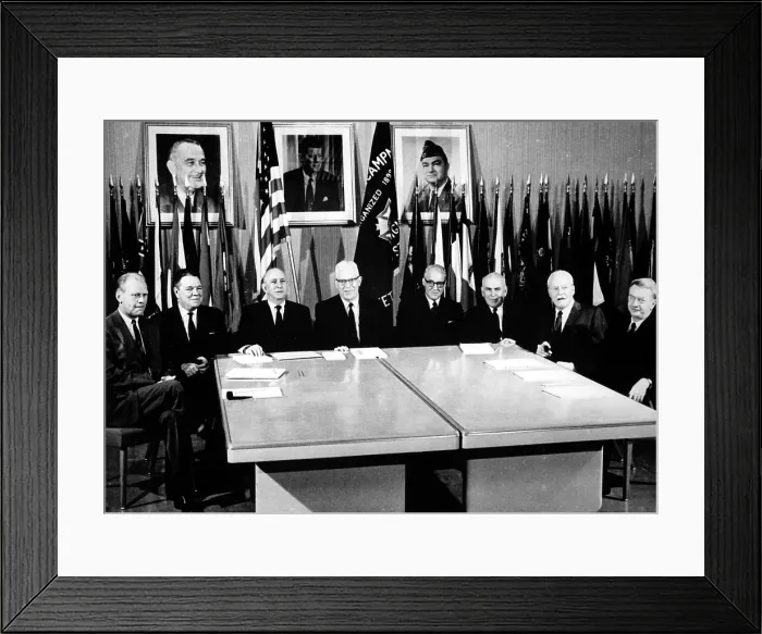 Framed Print : The Warren Commision: Gerald Ford, Hale Boggs, Richard B. Russell, Earl Warren, John Sherman Cooper, John J. McCloy, Allen W. Dulles, J. Lee Rankin, 1964