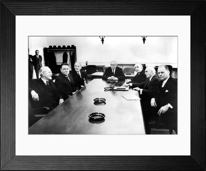 Framed Print : The Warren Commision: Allen W. Dulles, Hale Boggs, John Sherman Cooper, Earl Warren, Richard B. Russell, John J. McCloy, Gerald Ford, December, 1963