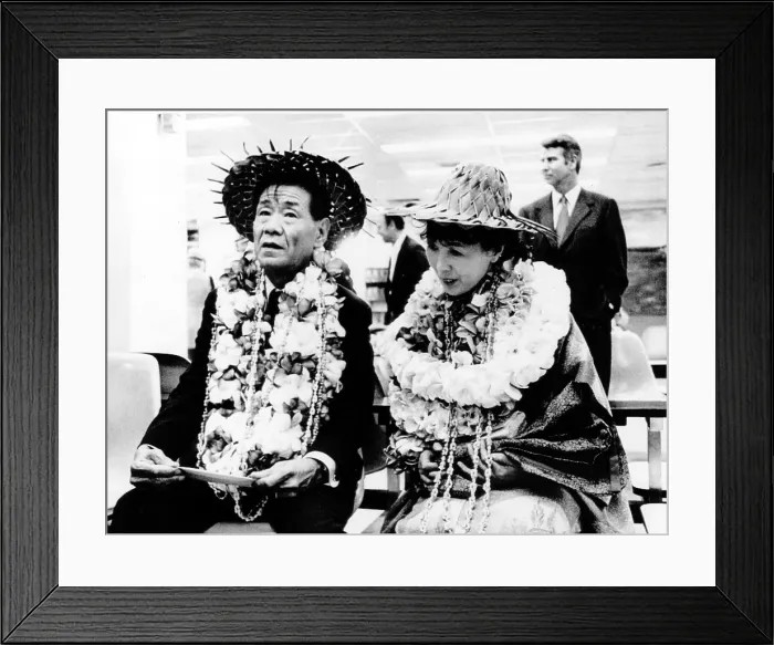 Framed Print : Shoichi Yokoi and wife Mihoko at Guam Airport, 1973. As a japanese soldier Yokoi remained in hiding 28 years in Guam, unaware World War II had ended Framed Print : Shoichi Yokoi and wife Mihoko at Guam Airport, 1973. As a japanese soldier Yokoi remained in hiding 28 years in Guam, unaware World War II had ended
