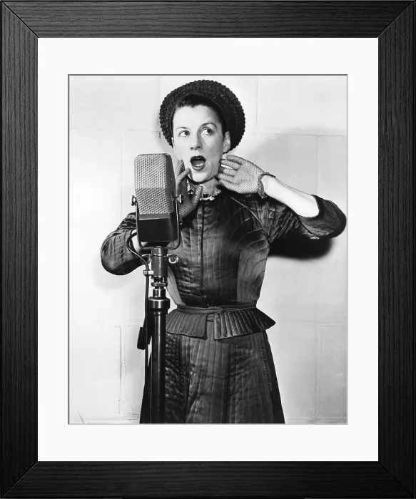 Framed Print : Beatrice Lillie at the microphone, 1940s Framed Print : Beatrice Lillie at the microphone, 1940s