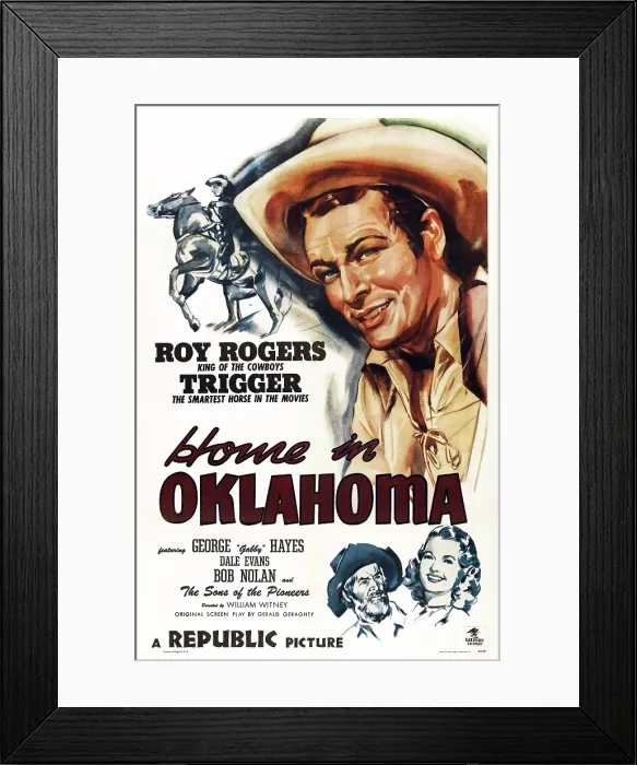 Framed Print : HOME IN OKLAHOMA, US poster art, Trigger, Roy Rogers, Gabby Hayes, Dale Evans, 1946 Framed Print : HOME IN OKLAHOMA, US poster art, Trigger, Roy Rogers, Gabby Hayes, Dale Evans, 1946