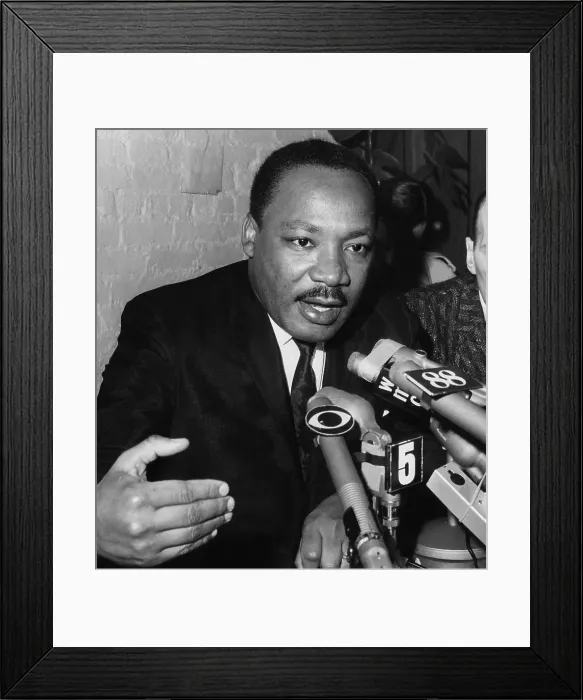 Framed Print : Dr. Martin Luther King Jr. talks to the press at Harlem's Canaan Baptist Church in New York, March 24, 1968.. Courtesy: CSU Archives  /  Everett Collection