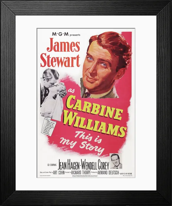 Framed Print : CARBINE WILLIAMS, US poster, top: James Stewart, left from left: James Stewart, Jean Hagen, bottom right: Wendell Corey, 1952 Framed Print : CARBINE WILLIAMS, US poster, top: James Stewart, left from left: James Stewart, Jean Hagen, bottom right: Wendell Corey, 1952