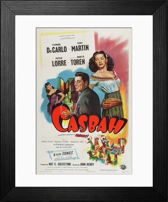 Framed Print : CASBAH, from left: Marta Toren, Tony Martin, Yvonne DeCarlo on poster art, 1948