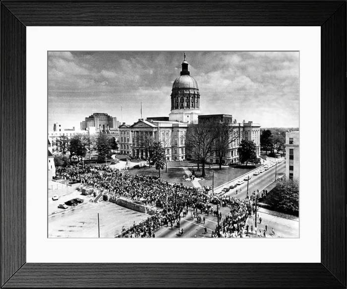 Framed Print : Thousands of mourners wind their way around the Georgia State Capitol Building following the mule-drawn wagon with the body of Dr. Martin Luther King Jr. Atlanta, April 9, 1968 Framed Print : Thousands of mourners wind their way around the Georgia State Capitol Building following the mule-drawn wagon with the body of Dr. Martin Luther King Jr. Atlanta, April 9, 1968