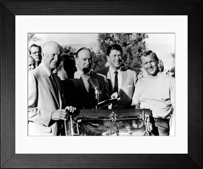 Framed Print : Arnold Palmer (right), receives the Bob Hope Desert Classic trophy after winning at Palm Springs in a sudden death playoff with Dean Beman. (L-R) former U.S. President Dwight D Framed Print : Arnold Palmer (right), receives the Bob Hope Desert Classic trophy after winning at Palm Springs in a sudden death playoff with Dean Beman. (L-R) former U.S. President Dwight D