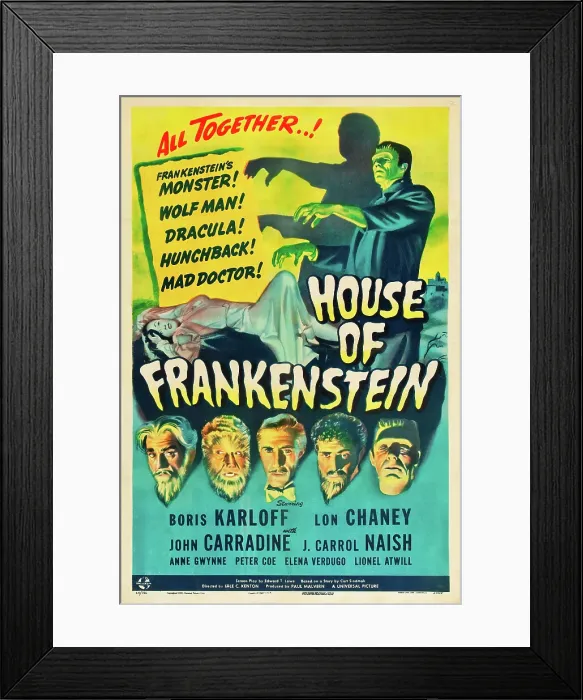 Framed Print : HOUSE OF FRANKENSTEIN, Boris Karloff, Lon Chaney Jr. John Carradine, J. Carrol Naish, 1944 Framed Print : HOUSE OF FRANKENSTEIN, Boris Karloff, Lon Chaney Jr. John Carradine, J. Carrol Naish, 1944