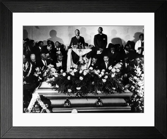 Framed Print : Martin Luther King Jr. (center, standing), giving a eulogy for Jimmie Lee Jackson at a funeral service in Marion, Alabama, March 3, 1965