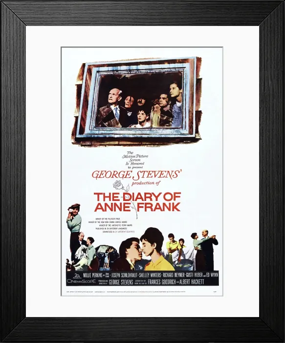 Framed Print : THE DIARY OF ANNE FRANK, US poster art, (top l-r): Joseph Schildkraut, Gusti Huber, Millie Perkins, Lou Jacobi, Shelley Winters, Richard Beymer, Diane Baker, 1959