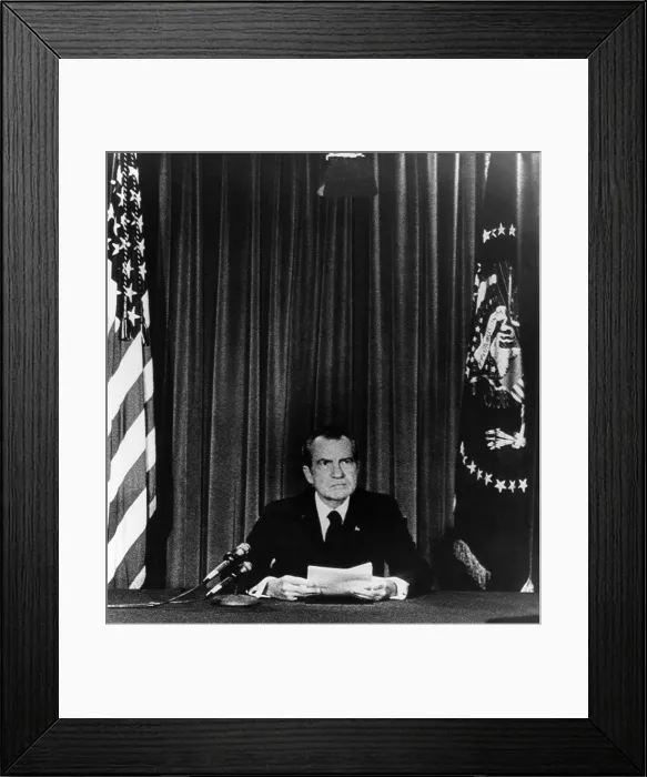Framed Print : U.S. President Richard Nixon going on national television from the White House to announce his resignation, Washington D.C. August 8, 1974