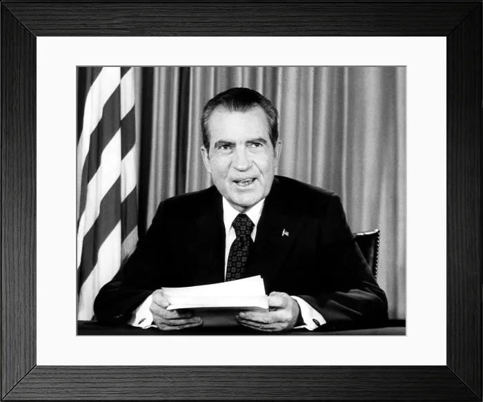 Framed Print : In a nationally televised address, U.S. President Richard Nixon declares his innocence in the Watergate scandal, Washington D.C. August 15, 1973 Framed Print : In a nationally televised address, U.S. President Richard Nixon declares his innocence in the Watergate scandal, Washington D.C. August 15, 1973
