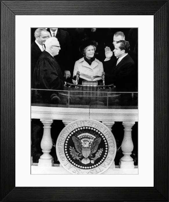 Framed Print : Chief Justice Earl Warren (left, with outgoing President Lyndon Johnson behind him), administering the oath of Richard Nixon (far right) as President Framed Print : Chief Justice Earl Warren (left, with outgoing President Lyndon Johnson behind him), administering the oath of Richard Nixon (far right) as President