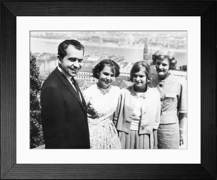 Framed Print : Former Vice President Richard Nixon, Julie Nixon, Tricia Nixon, and Pat Nixon, California, July 26, 1963. Courtesy: CSU Archives / Everett Collection