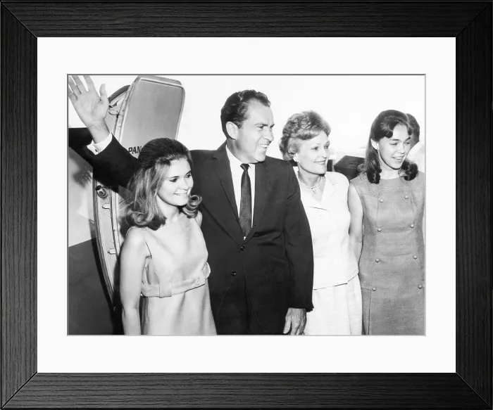 Framed Print : Tricia Nixon, Former Vice President Richard Nixon, Pat Nixon, and Julie Nixon, leaving New York from Kennedy International Airport, June 4, 1967 Framed Print : Tricia Nixon, Former Vice President Richard Nixon, Pat Nixon, and Julie Nixon, leaving New York from Kennedy International Airport, June 4, 1967