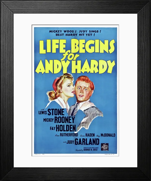 Framed Print : LIFE BEGINS FOR ANDY HARDY, US poster art, from left: Judy Garland, Mickey Rooney, 1941