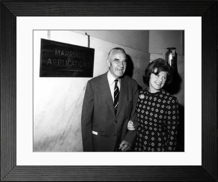Framed Print : Former ambassador Averell Harriman and Pamela Hayward leave the New York Municipal Building after filing a marriage licence, September 1971 Framed Print : Former ambassador Averell Harriman and Pamela Hayward leave the New York Municipal Building after filing a marriage licence, September 1971