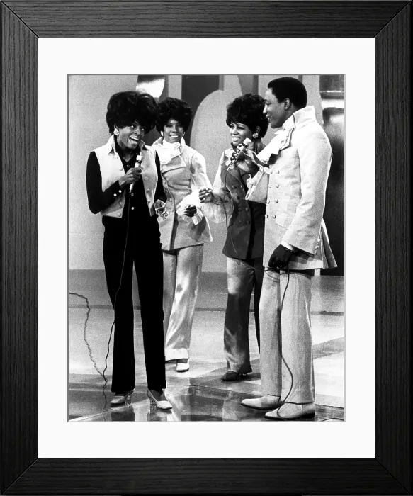 Framed Print : The Supremes (Diana Ross, Mary Wilson, Cindy Birdsong) talk with Paul Williams of The Temptations on a Motown television special, 1968. Courtesy: CSU Archives / Everett Collection