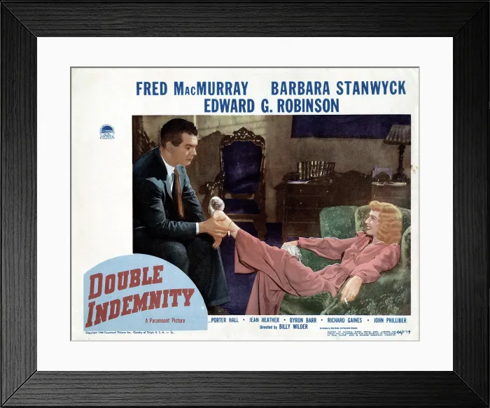 Framed Print : DOUBLE INDEMNITY, US lobbycard, Fred MacMurray, Barbara Stanwyck, 1944 Framed Print : DOUBLE INDEMNITY, US lobbycard, Fred MacMurray, Barbara Stanwyck, 1944