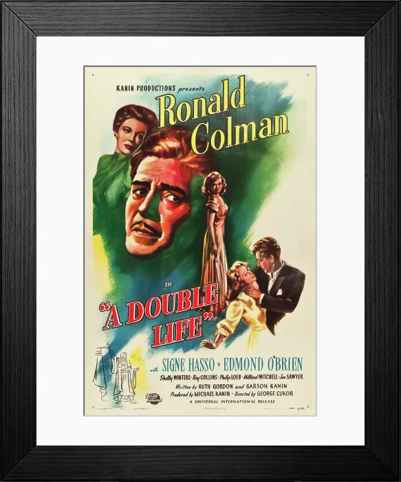 Framed Print : A DOUBLE LIFE, l-r: Signe Hasso, Ronald Colman, Shelley Winters on poster art, 1947