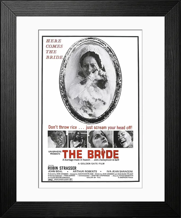 Framed Print : THE BRIDE, (aka THE HOUSE THAT CRIED MURDER), US poster art, Robin Strasser (top), bottom: Arthur Roberts (left), Iva Jean Saraceni (knife), Robin Strasser (eyes wide open), 1973