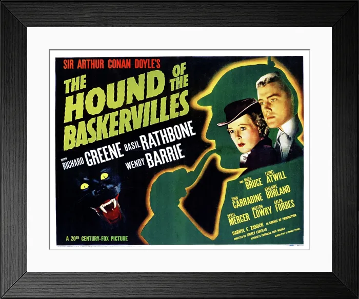 Framed Print : THE HOUND OF THE BASKERVILLES, Basil Rathbone (in silhouette), Wendy Barrie, Richard Greene, 1939, TM and copyright 20th Century Fox Film Corp