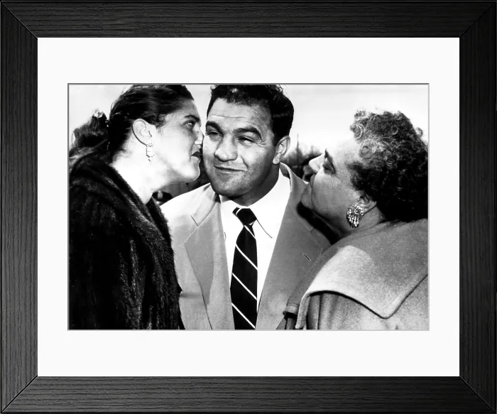 Framed Print : Heavyweight champion Rocky Marciano (center), with his wife Barbara Marciano (left), and mother Pasqualena Marciano (right), at Norwood Airport, Massachusetts, May 3, 1956
