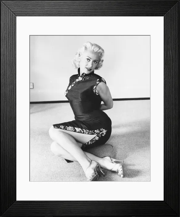 Framed Print : Martine Carol in the authentic Chinese black silk dress she bought in Hong Kong, 1956 Framed Print : Martine Carol in the authentic Chinese black silk dress she bought in Hong Kong, 1956