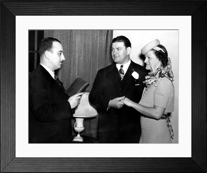 Framed Print : Athletes Babe Didrikson (far right), and George Zaharias (center), being married by the Justice of the Peace, St. Louis, Missouri, December 23, 1938 Framed Print : Athletes Babe Didrikson (far right), and George Zaharias (center), being married by the Justice of the Peace, St. Louis, Missouri, December 23, 1938