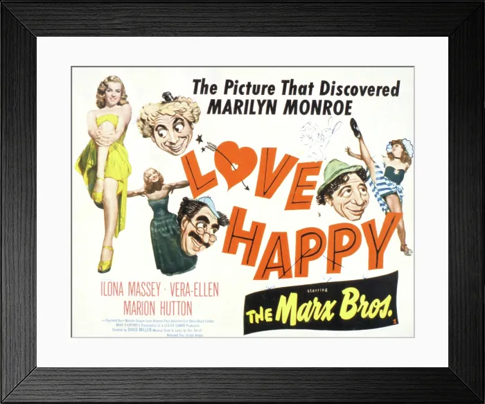 Framed Print : LOVE HAPPY, Marilyn Monroe, Marion Hutton, Harpo Marx, Groucho Marx, Chico Marx, 1949