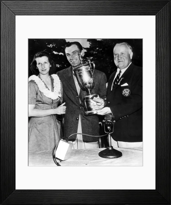 Framed Print : Mrs. Ben Hogan, Ben Hogan, Pres. of U.S. Golf Assoc. James D. Standish, Jr. Ben Hogan with Cup is winner of the National Open Golf Tournament, Merion Golf Club, Ardmore, P.A