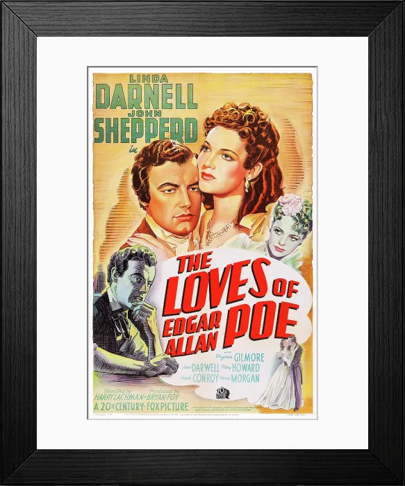 Framed Print : THE LOVES OF EDGAR ALLAN POE, US poster art, top from left: Shepperd Strudwick (aka John Shepperd), Linda Darnell, Virginia Gilmore, 1942 Framed Print : THE LOVES OF EDGAR ALLAN POE, US poster art, top from left: Shepperd Strudwick (aka John Shepperd), Linda Darnell, Virginia Gilmore, 1942