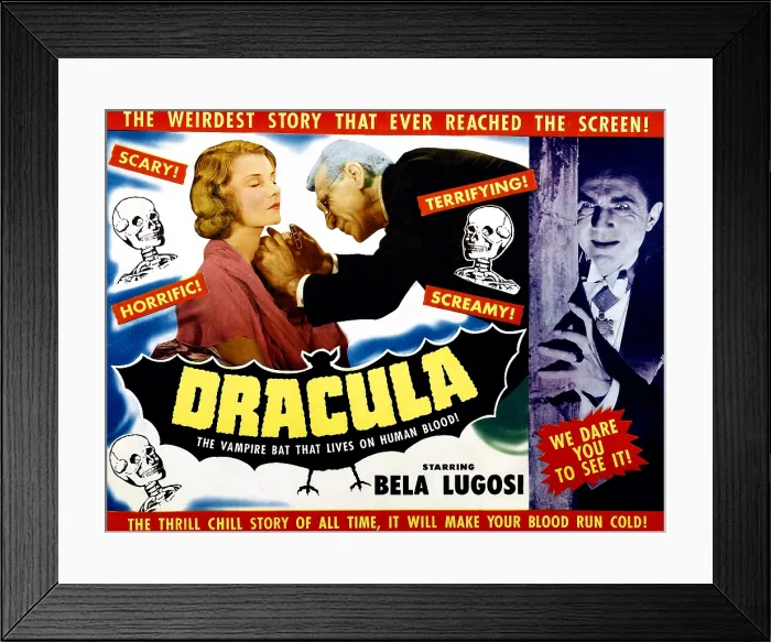 Framed Print : DRACULA, from left, Helen Chandler, Edward Van Sloan, Bela Lugosi on 1951 poster art, 1931 Framed Print : DRACULA, from left, Helen Chandler, Edward Van Sloan, Bela Lugosi on 1951 poster art, 1931
