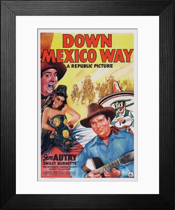 Framed Print : DOWN MEXICO WAY, US poster art, from left: Smiley Burnette, Fay McKenzie, Gene Autry, 1941 Framed Print : DOWN MEXICO WAY, US poster art, from left: Smiley Burnette, Fay McKenzie, Gene Autry, 1941