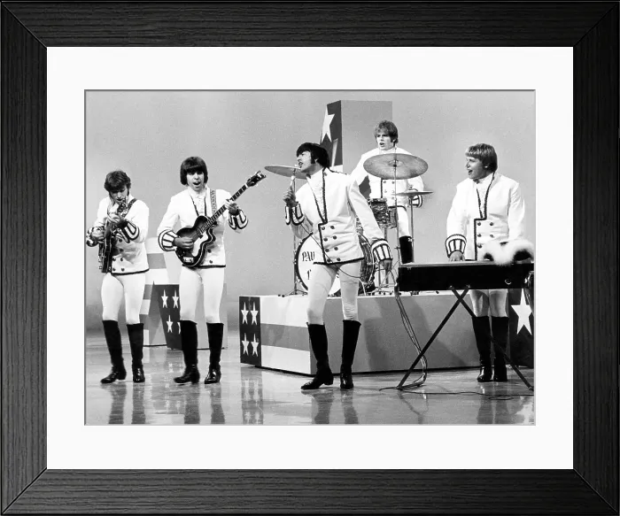Framed Print : Paul Revere & the Raiders, Phil Volk (second from right), Mark Lindsay (center), Mike Smith (second from right), Paul Revere (right), performing, circa 1967 Framed Print : Paul Revere & the Raiders, Phil Volk (second from right), Mark Lindsay (center), Mike Smith (second from right), Paul Revere (right), performing, circa 1967