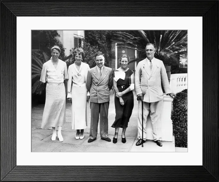 Framed Print : L-R: First Lady Eleanor Roosevelt, Amelia Earhart, Scottish pilot Jim Mollison, his wife, pilot Amy Johnson, President Franklin D. Roosevelt, 1933 Framed Print : L-R: First Lady Eleanor Roosevelt, Amelia Earhart, Scottish pilot Jim Mollison, his wife, pilot Amy Johnson, President Franklin D. Roosevelt, 1933