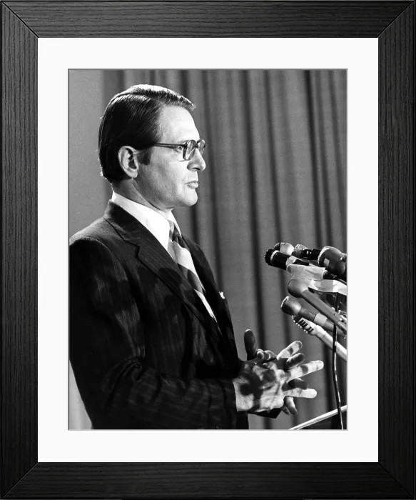 Framed Print : Elliott Richardson at press conference addressing his appointment by Richard Nixon as Secretary of Defense, Washington, D.C. 12-01-1972
