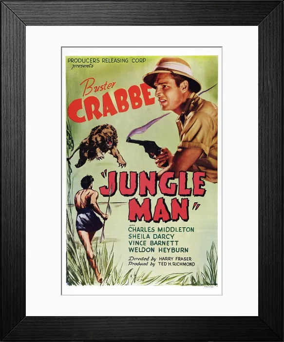 Framed Print : JUNGLE MAN, US poster art, Buster Crabbe, 1941 Framed Print : JUNGLE MAN, US poster art, Buster Crabbe, 1941