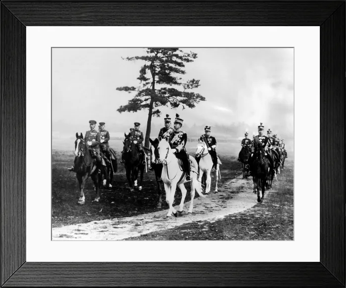 Framed Print : Emperor Hirohito, accompanied by members of his military suite, reviews his troops in Tokyo. ca. 1936. Courtesy: CSU Archives / Everett Collection Framed Print : Emperor Hirohito, accompanied by members of his military suite, reviews his troops in Tokyo. ca. 1936. Courtesy: CSU Archives / Everett Collection