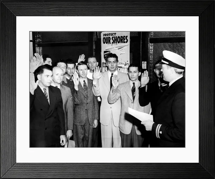 Framed Print : Victor Mature (center), American film actor, enlisting in the Coast Guard, National Airport, Virginia, 1943.. Courtesy: CSU Archives  /  Everett Collection