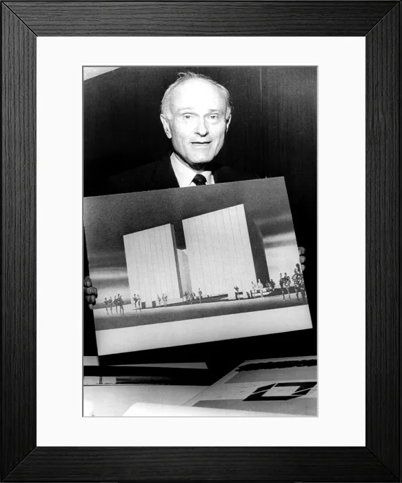 Framed Print : PHILIP JOHNSON holding his design for the John F. Kennedy Memorial in Dallas, Texas, 1965. Courtesy: CSU Archives / Everett Collection Framed Print : PHILIP JOHNSON holding his design for the John F. Kennedy Memorial in Dallas, Texas, 1965. Courtesy: CSU Archives / Everett Collection