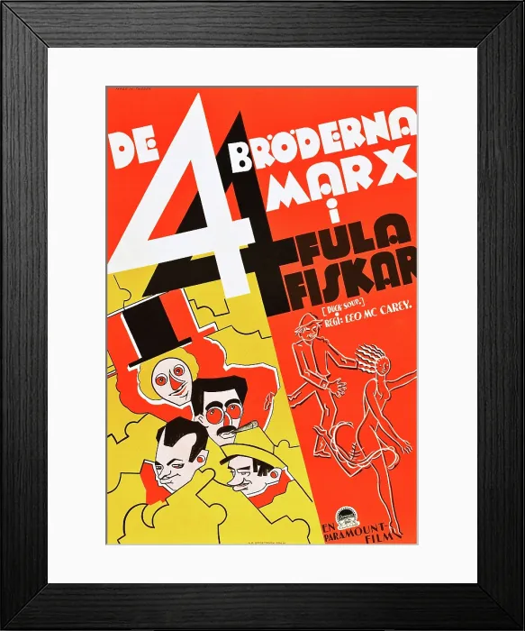Framed Print : DUCK SOUP, left from top: Harpo Marx, Groucho Marx, Zeppo Marx, Chico Marx on Swedish poster art, 1933
