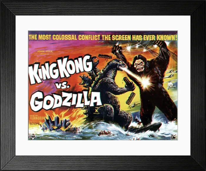 Framed Print : KING KONG VS. GODZILLA, poster art featuring the battling two titans, 1963 Framed Print : KING KONG VS. GODZILLA, poster art featuring the battling two titans, 1963