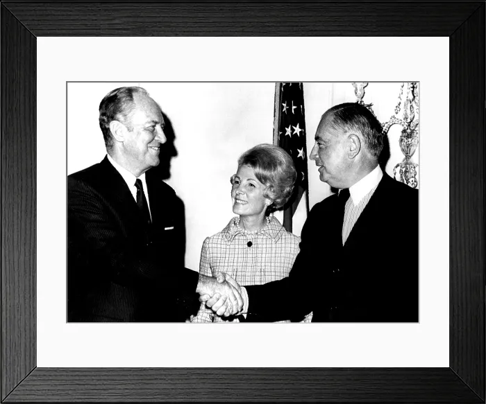 Framed Print : WALTER ANNENBERG (r.) with his wife and Secretary of State William P. Rogers at Annenberg's being sworn in as new U.S. ambassador to England. April 14, 1969