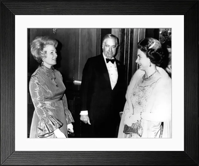Framed Print : WALTER ANNENBERG, with his wife and Queen Elisabeth II at the Royal Opera House in London for the premiere of 'Sleeping Beauty', March 15, 1973 Framed Print : WALTER ANNENBERG, with his wife and Queen Elisabeth II at the Royal Opera House in London for the premiere of 'Sleeping Beauty', March 15, 1973