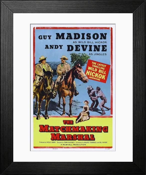 Framed Print : THE MATCHMAKING MARSHAL, horseback from left: Andy Devine, Guy Madison, 1955