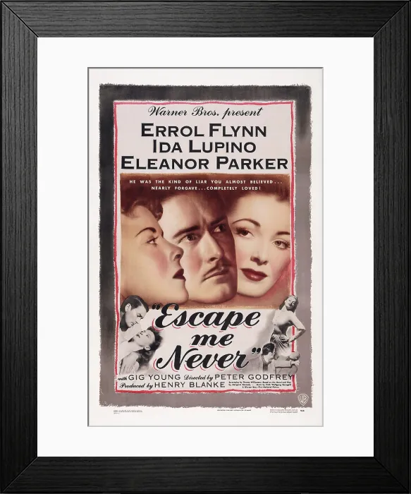 Framed Print : ESCAPE ME NEVER, US poster art, from left: Ida Lupino, Errol Flynn, Eleanor Parker, 1947