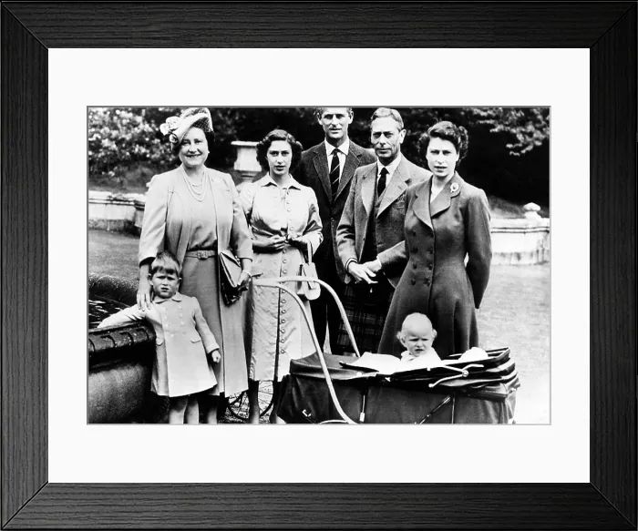 Framed Print : The Royal Family, L-R: Prince Charles, Queen Elizabeth (Queen Consort of George VI), Princess Margaret, The Duke of Edinburgh, King George VI