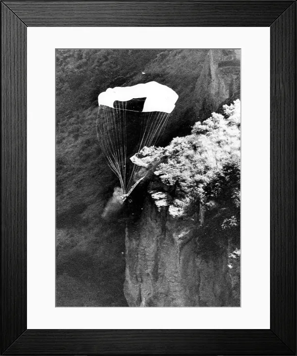 Framed Print : Evel Knievel's skycycle hits the side of Snake River Canyon and his parachute starts to collapse above him, Twin Falls, Idaho, September 8, 1974