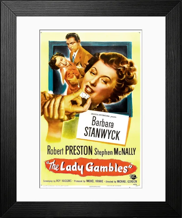 Framed Print : THE LADY GAMBLES, US poster, from left: Barbara Stanwyck, Stephen McNally, Barbara Stanwyck, 1949